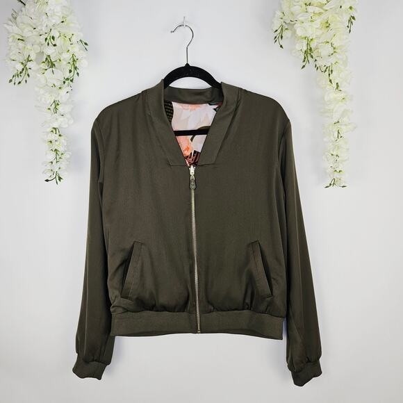 Stella & Dot Reversible Bomber Jacket Satin Olive Green Floral Zip Up Medium Fal - Picture 5 of 13